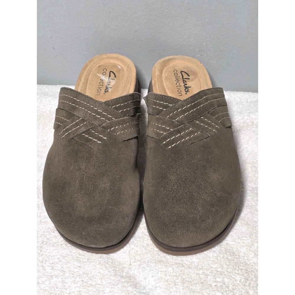 Clarks Women's Brynn Glide Clog Mules 6M Beige Pebble Suede Slip-On Comfort